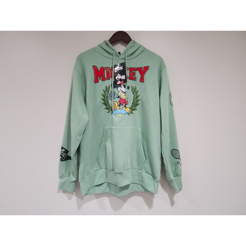 Disney Mickey Mouse Tennis Hoodie Mens XL Sage Green Graphic Print Fleece Lined
